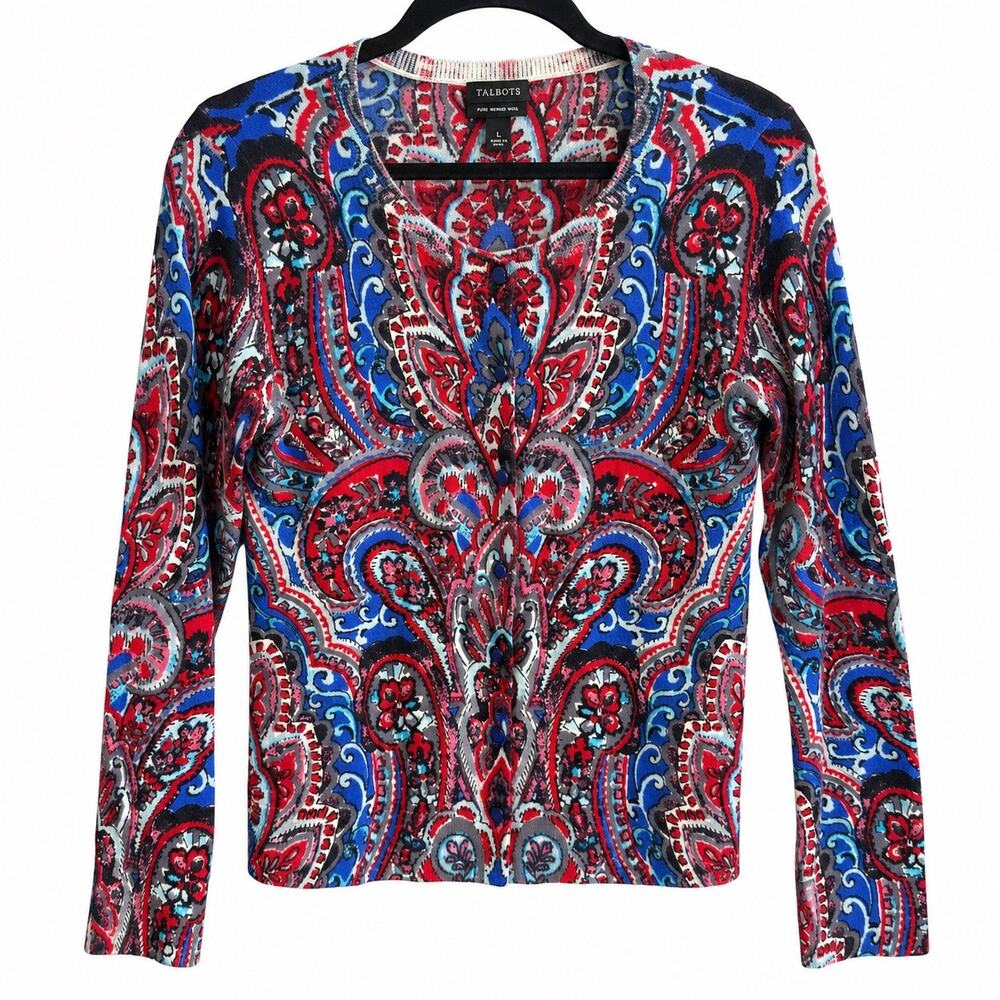 Talbots Pure Merino Wool Cardigan L Multicolor Paisley Button Front Sweater